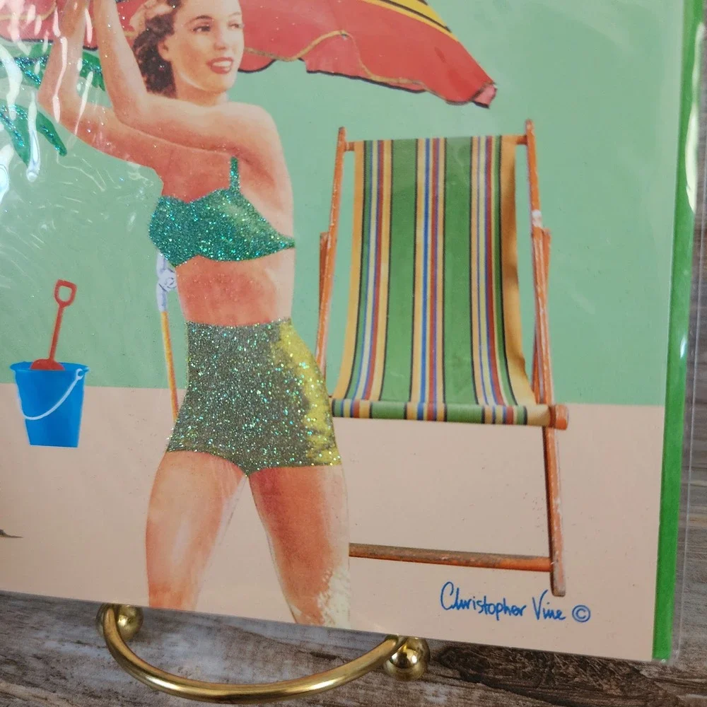Papyrus Christopher Vine Birthday Card Retro Beach Woman Glitter Green Envelope